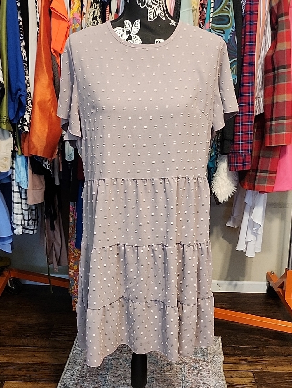 SHEIN Dusty Mauve Tiered Midi Dress with Dot Texture
